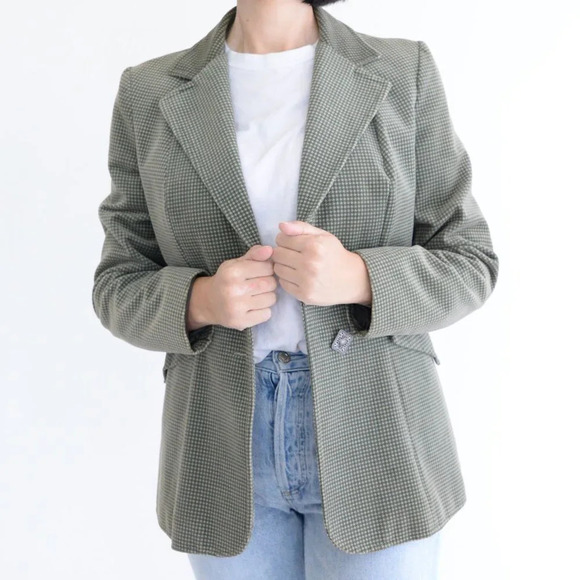 Vintage Olive 50% Cotton Houndstooth Two Button Blazer - Picture 2 of 15
